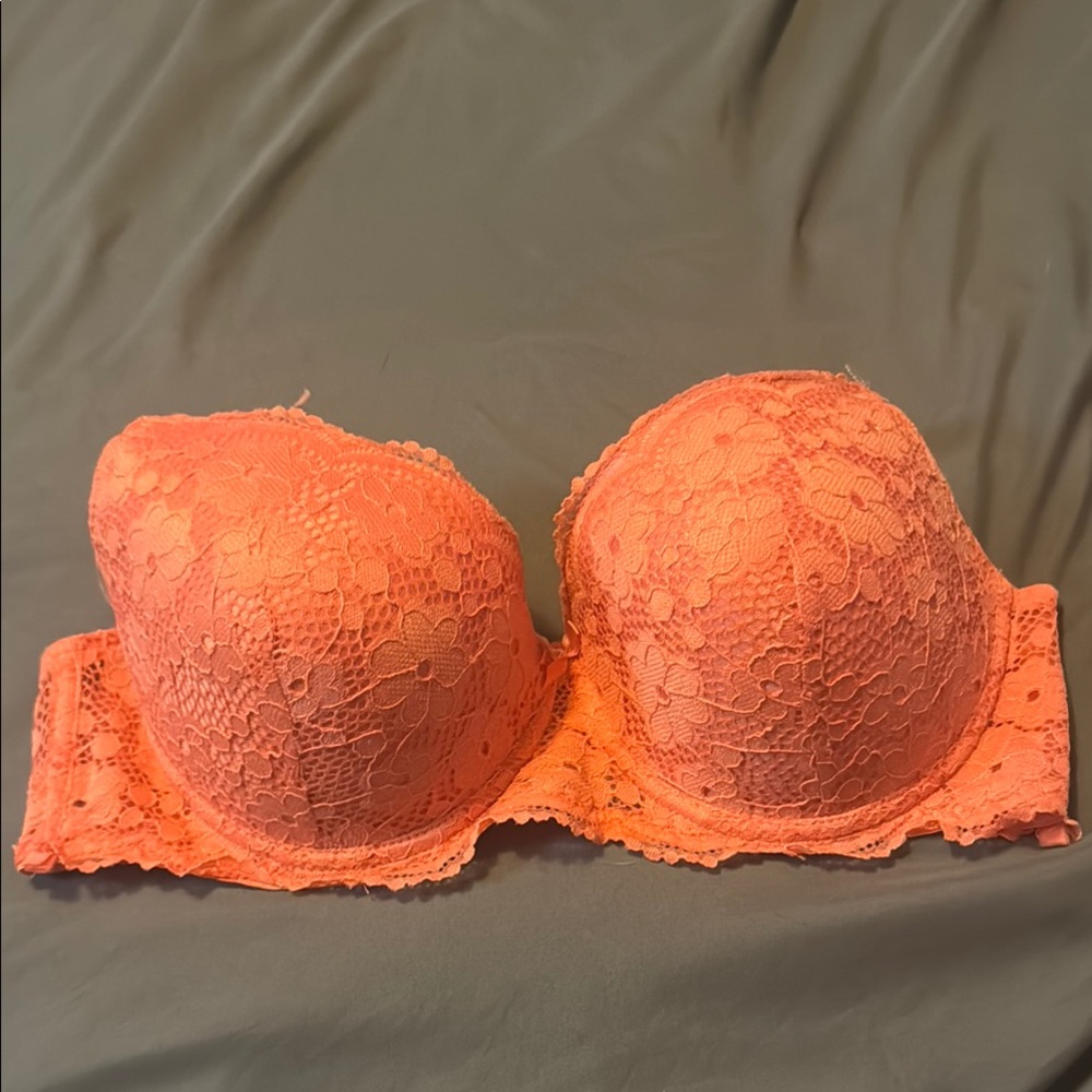Orange Lace Push-Up Bra with Scalloped Edges